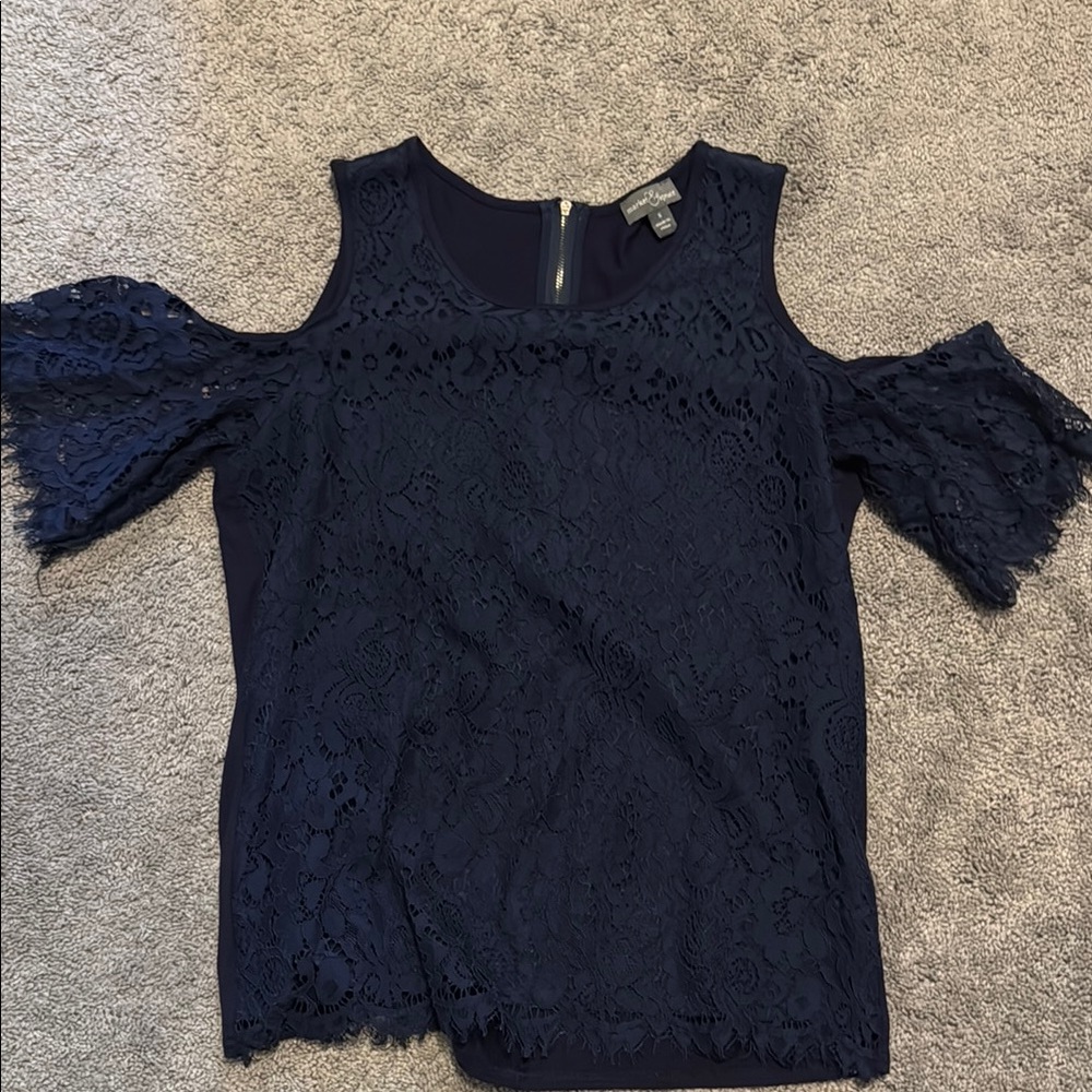 Elegant Navy Lace Cold Shoulder Top